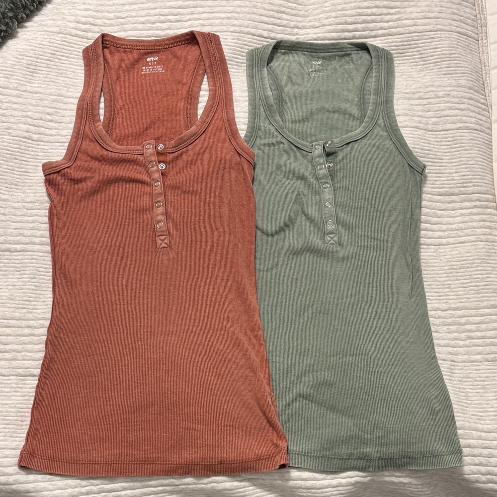Aerie Sleeveless Henley Tank Top Set - Rust and Sage, Small